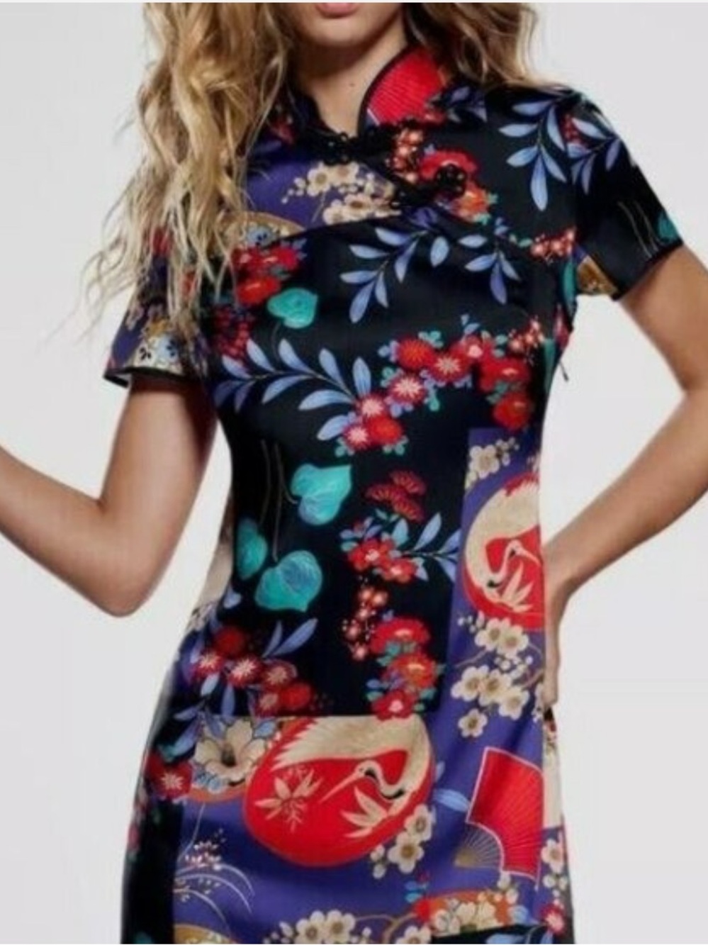 Zara Black Multi Floral Satin Mandarin-Collar Tunic